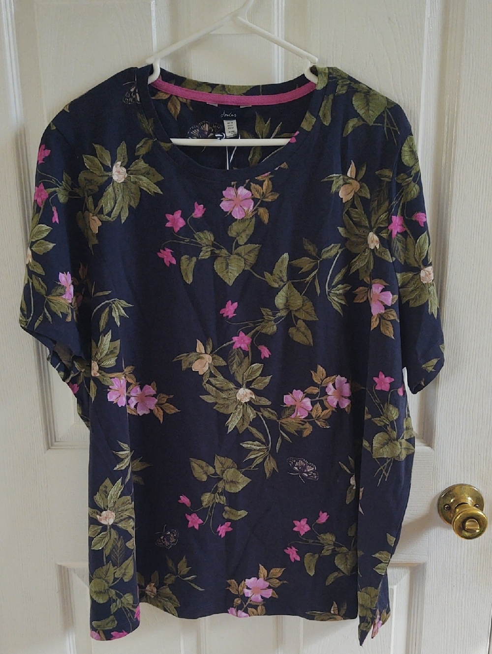 Joules Navy Floral Tee with Pink Trim